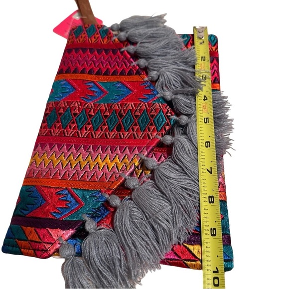 Ethnic Boho Large Clutch Suede Wristlet Bag Handmade Embroidery Tassels Indi NEW - Picture 10 of 15